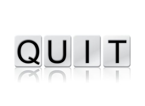 The word "Quit" written in tile letters isolated on a white background.