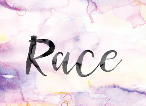 The word "Race" painted in black ink over a colorful watercolor washed background concept and theme.