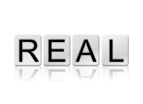 The word "Real" written in tile letters isolated on a white background.