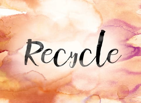 The word "Recycle" painted in black ink over a colorful watercolor washed background concept and theme.