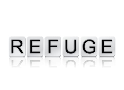 The word "Refuge" written in tile letters isolated on a white background.