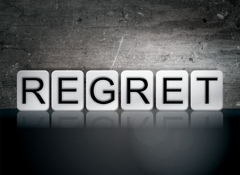 The word "Regret" written in white tiles against a dark vintage grunge background.