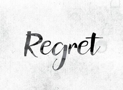 The word "Regret" concept and theme painted in watercolor ink on a white paper.