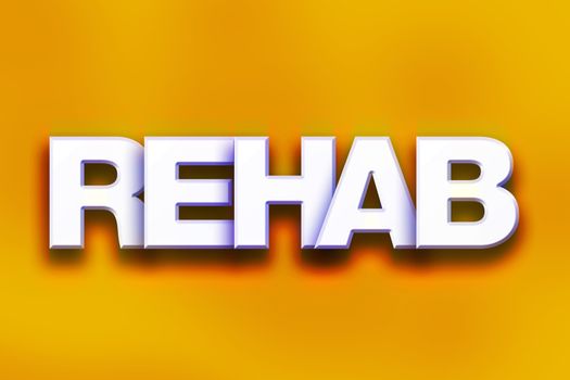 The word "Rehab" written in white 3D letters on a colorful background concept and theme.