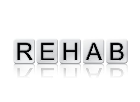 The word "Rehab" written in tile letters isolated on a white background.