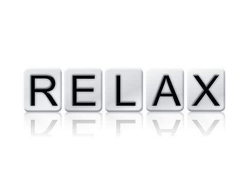 The word "Relax" written in tile letters isolated on a white background.