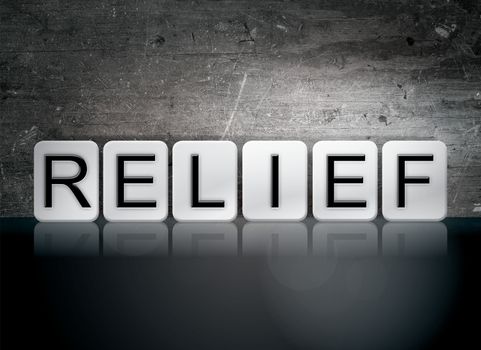 The word "Relief" written in white tiles against a dark vintage grunge background.