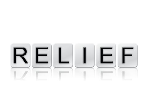 The word "Relief" written in tile letters isolated on a white background.