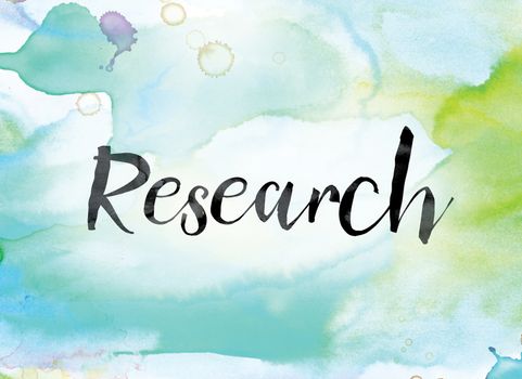 The word "Research" painted in black ink over a colorful watercolor washed background concept and theme.