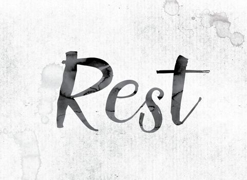 The word "Rest" concept and theme painted in watercolor ink on a white paper.