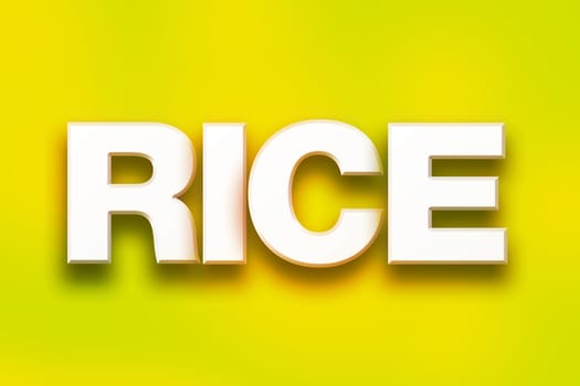 The word "Rice" written in white 3D letters on a colorful background concept and theme.