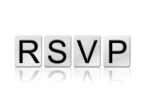 The word "RSVP" written in tile letters isolated on a white background.