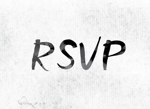 The word "RSVP" concept and theme painted in watercolor ink on a white paper.