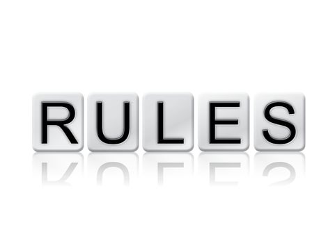 The word "Rules" written in tile letters isolated on a white background.