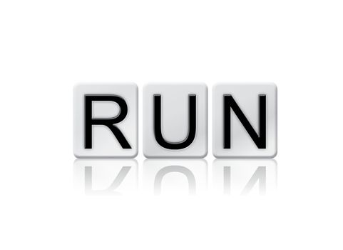 The word "Run" written in tile letters isolated on a white background.