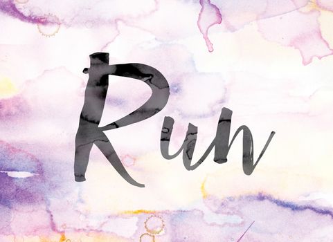The word "Run" painted in black ink over a colorful watercolor washed background concept and theme.