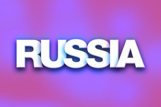 The word "Russia" written in white 3D letters on a colorful background concept and theme.