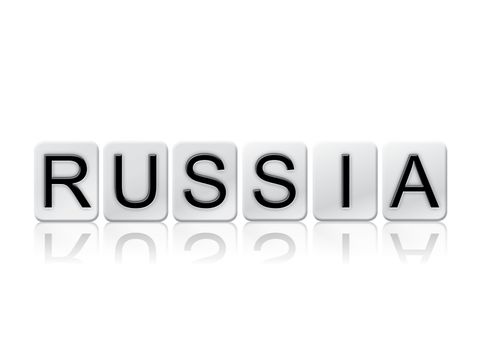 The word "Russia" written in tile letters isolated on a white background.