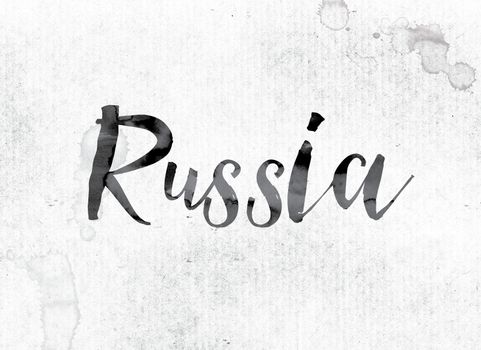 The word "Russia" concept and theme painted in watercolor ink on a white paper.