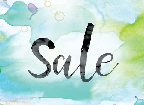 The word "Sale" painted in black ink over a colorful watercolor washed background concept and theme.