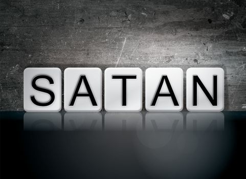 The word "Satan" written in white tiles against a dark vintage grunge background.