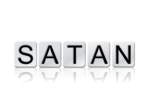 The word "Satan" written in tile letters isolated on a white background.