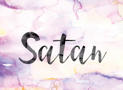 The word "Satan" painted in black ink over a colorful watercolor washed background concept and theme.
