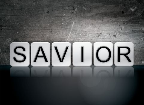 The word "Savior" written in white tiles against a dark vintage grunge background.