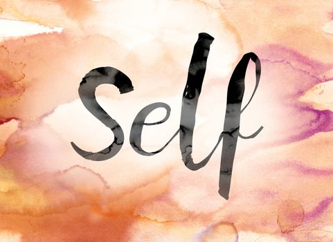 The word "Self" painted in black ink over a colorful watercolor washed background concept and theme.