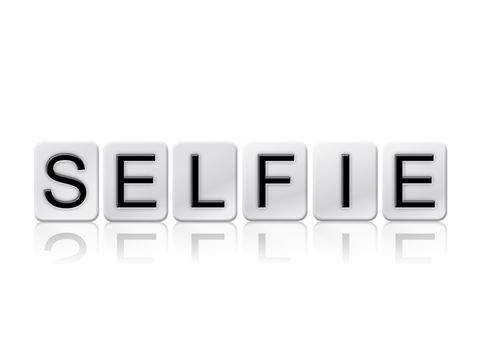 The word "Selfie" written in tile letters isolated on a white background.