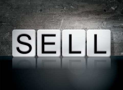 The word "Sell" written in white tiles against a dark vintage grunge background.