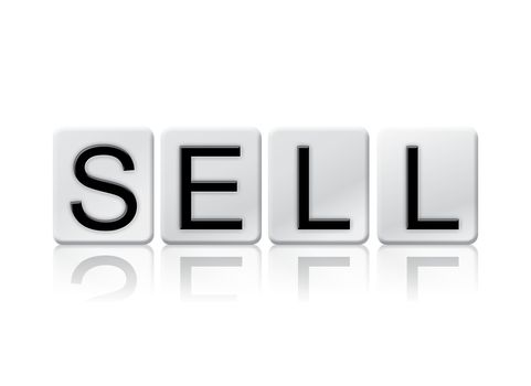 The word "Sell" written in tile letters isolated on a white background.