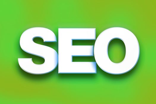 The word "SEO" written in white 3D letters on a colorful background concept and theme.