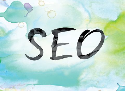 The word "SEO" painted in black ink over a colorful watercolor washed background concept and theme.