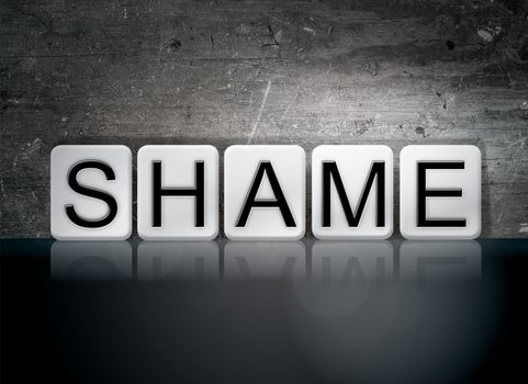 The word "Shame" written in white tiles against a dark vintage grunge background.