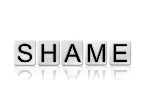 The word "Shame" written in tile letters isolated on a white background.