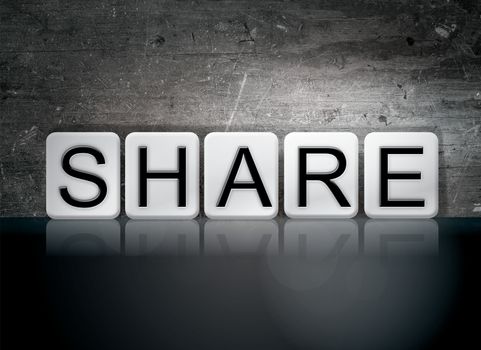 The word "Share" written in white tiles against a dark vintage grunge background.