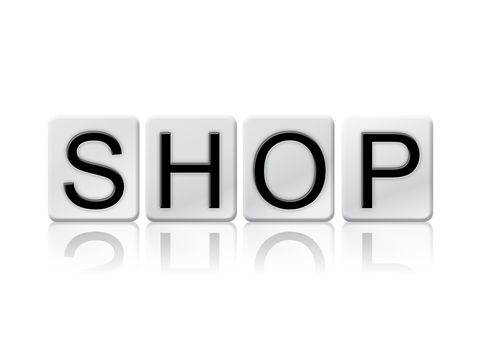 The word "Shop" written in tile letters isolated on a white background.