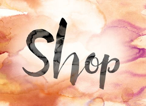 The word "Shop" painted in black ink over a colorful watercolor washed background concept and theme.