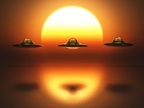 three spaceship on sunset background