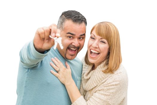 Happy Mixed Race Couple Isolated on White Holding New House Keys.