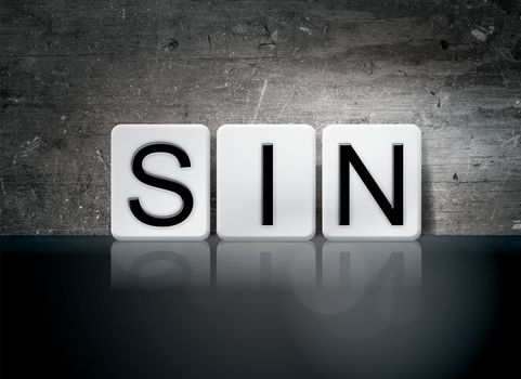 The word "Sin" written in white tiles against a dark vintage grunge background.