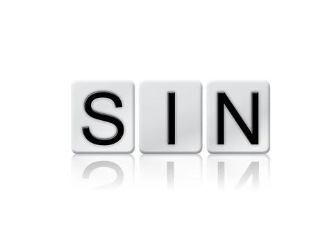 The word "Sin" written in tile letters isolated on a white background.