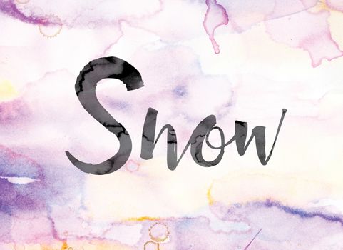 The word "Snow" painted in black ink over a colorful watercolor washed background concept and theme.