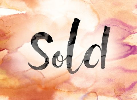 The word "Sold" painted in black ink over a colorful watercolor washed background concept and theme.