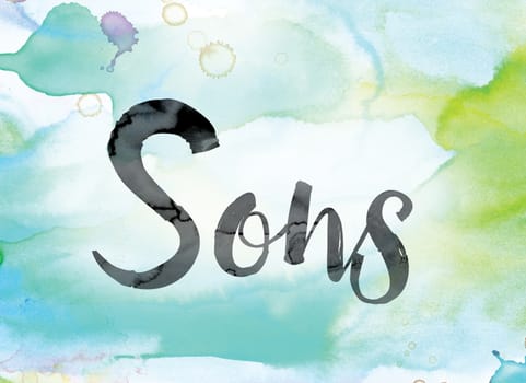 The word "Sons" painted in black ink over a colorful watercolor washed background concept and theme.