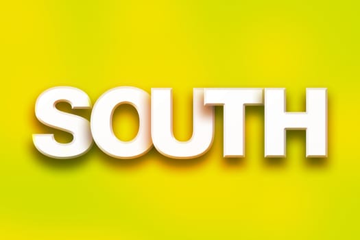 The word "South" written in white 3D letters on a colorful background concept and theme.