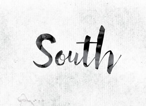 The word "South" concept and theme painted in watercolor ink on a white paper.