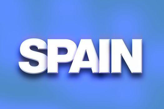 The word "Spain" written in white 3D letters on a colorful background concept and theme.