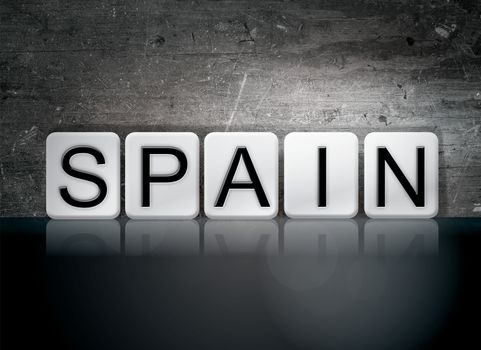 The word "Spain" written in white tiles against a dark vintage grunge background.